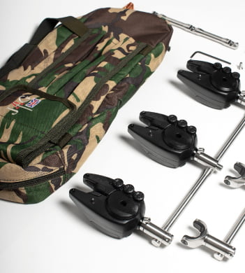 Three rod buzz bar bag in camo with bite alarms next to